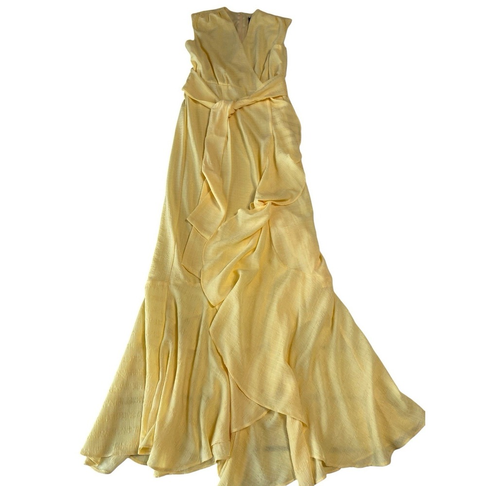 Maison Tara Yellow Maxi Dress Womens Faux Wrap Ruffle Smocked Back Pastel Summer